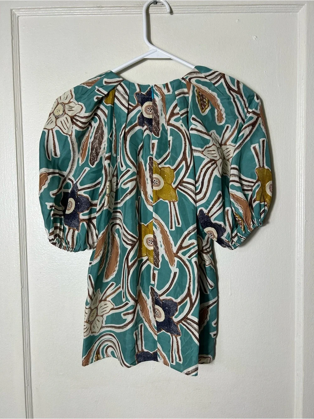 Ulla Johnson Anila silk top blue floral puff sleeve womens 0